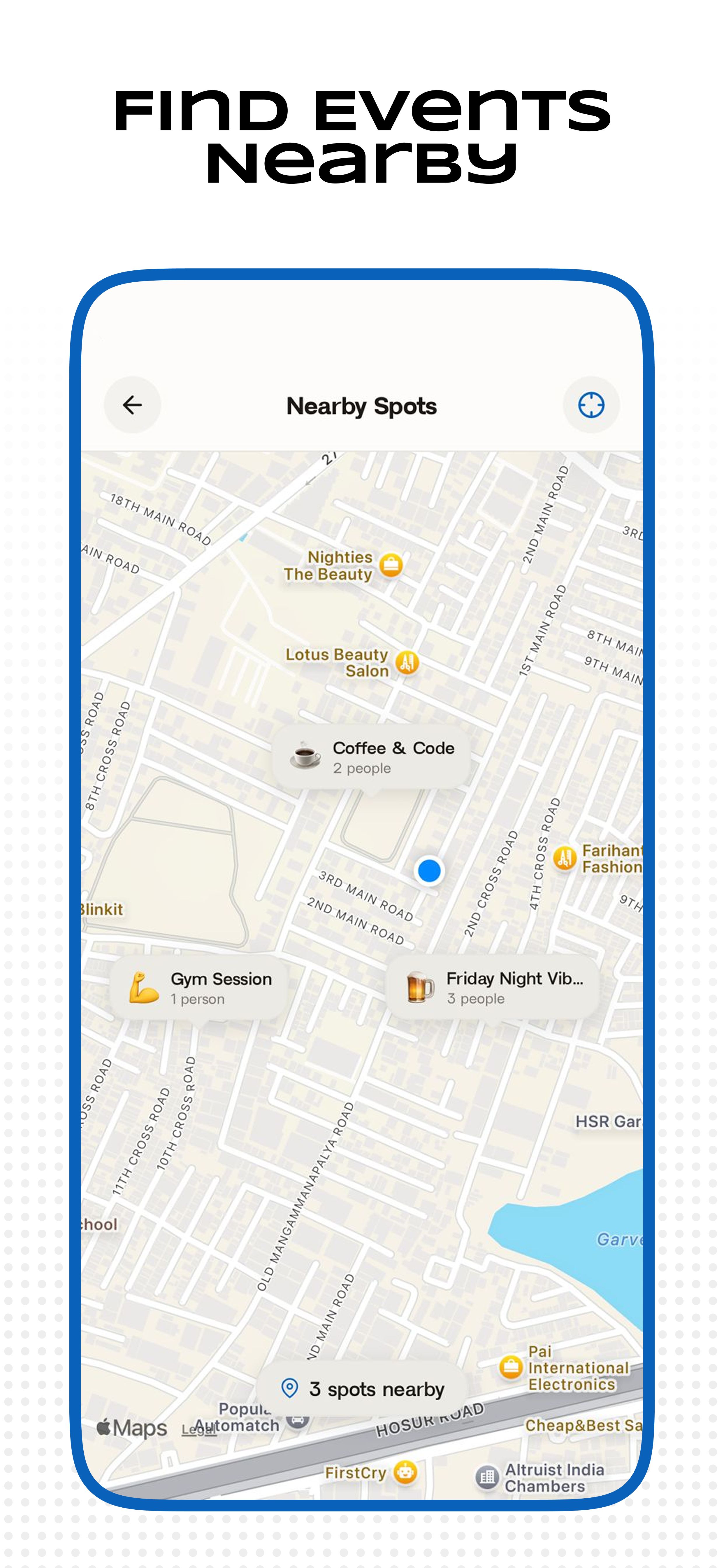 Wavy map of nearby Spots with pins for Coffee & Code, Gym Session and Friday Night