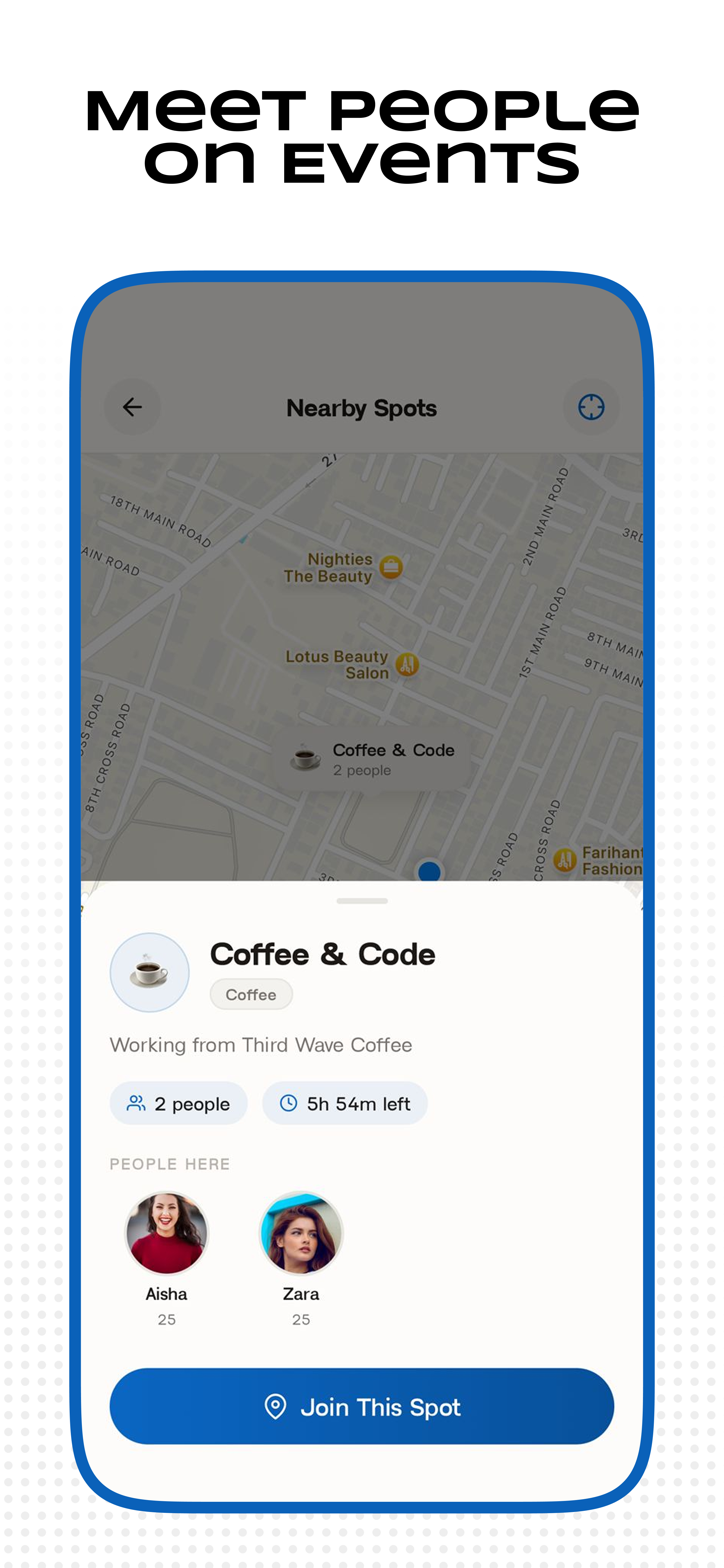 A Wavy Spot — Coffee & Code, showing the people currently there and a Join This Spot button