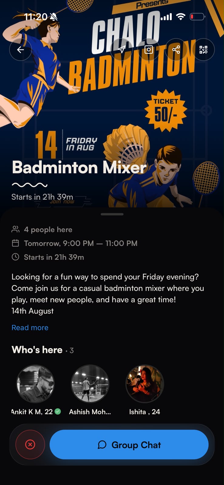A Wavy Event: Badminton Mixer, showing who's here and a Group Chat button