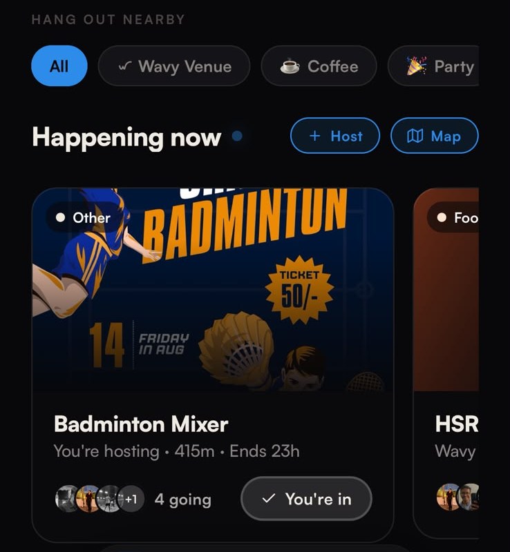Wavy home feed showing nearby Events with a 'You're hosting' badge on a Badminton Mixer card