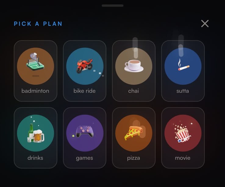 Wavy 'Pick a Plan' sheet, badminton, bike ride, chai, sutta, drinks, games, pizza and movie activity icons